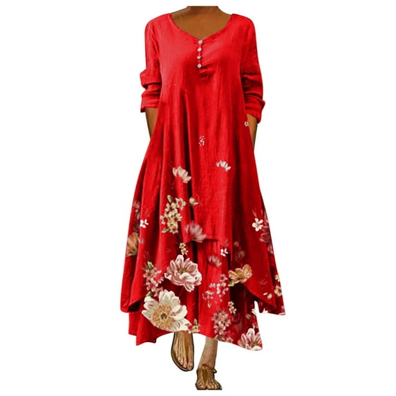 2025 Clearance under $5 asdoklhq Womens Plus Size Clearance Dresses,Women Casual Floral Print Dress O-Neck Long Sleeve Irregular Loose Long Dress