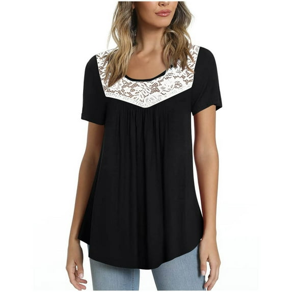 2026 under $5 asdoklhq Womens Plus Size Tops,Women's Lace Patchwork Printed Round Neck Short Blouse Tops