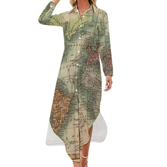 2025 Colorful World Map Chiffon Dress Map Of The World Elegant Dresses Stylish Casual Dress Womens Sexy Custom Clothing Big Size