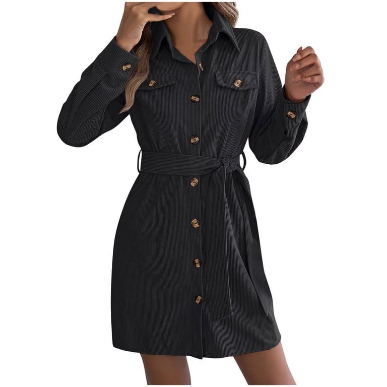 Srogem 2025 Corduroy Mini Dresses for Women Fashion Fall Long Sleeve Button Down Office Work Tunic Dress with Pocket, Women's, Size: XL