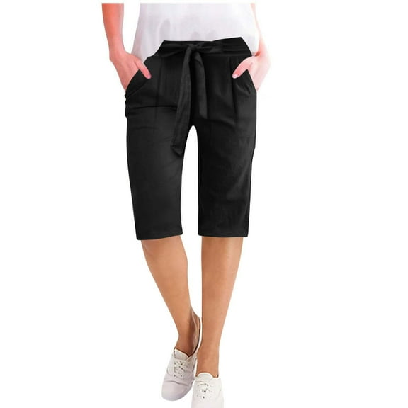 2025 Cotton Linen Bermuda Shorts - Women's High Waisted Wide Leg with Elastic Waist, Knee-Length Casual Summer Shorts for Beach & Vacation