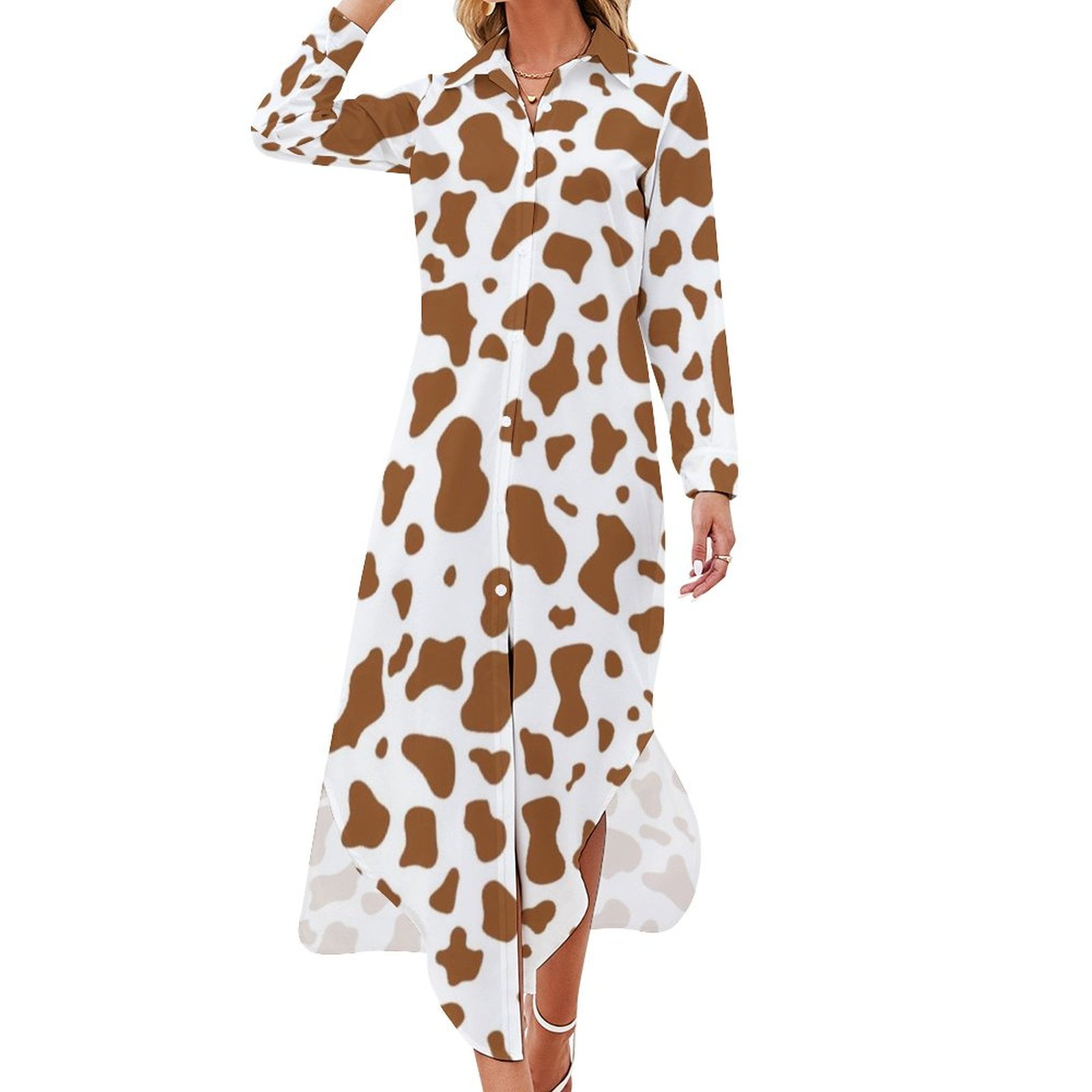 2025 Cow Print And Roses Placed Casual Dress Cow Spots Flower Korean ...