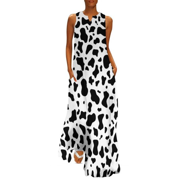 2025 Cow Print Dress Animal Hide Elegant Maxi Dress V Neck Printed Casual Long Dresses Streetwear Oversized Vestido