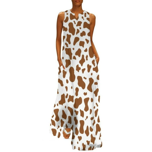 2025 Cow Print Dress Animal Hide Elegant Maxi Dress V Neck Printed Casual Long Dresses Streetwear Oversized Vestido