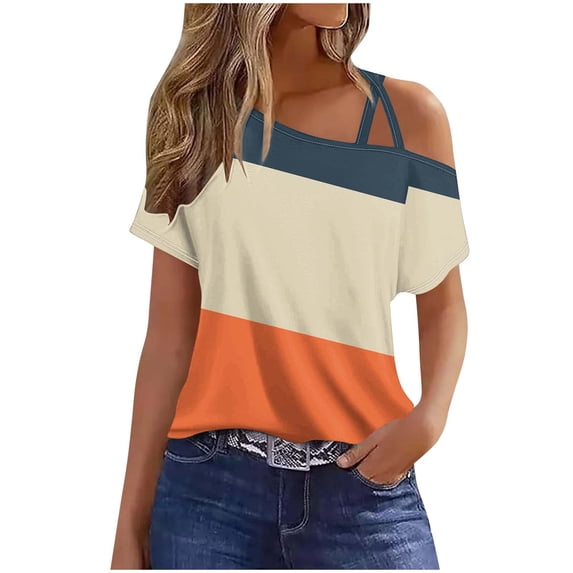 2025 Criss-Cross One Shoulder Tops Womens Sexy Cold Shoulder Shirts Casual Short Sleeve Tees Summer Vacation Blouses
