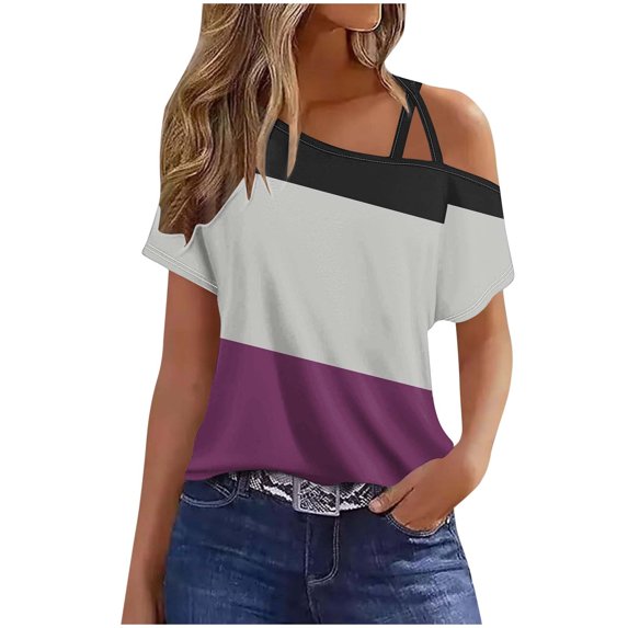 2025 Criss-Cross One Shoulder Tops Womens Sexy Cold Shoulder Shirts Casual Short Sleeve Tees Summer Vacation Blouses