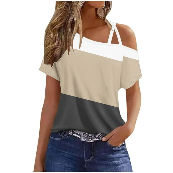 2025 Criss-Cross One Shoulder Tops Womens Sexy Cold Shoulder Shirts Casual Short Sleeve Tees Summer Vacation Blouses