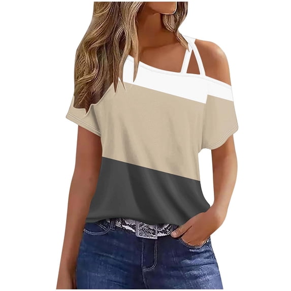 2025 Criss-Cross One Shoulder Tops Womens Sexy Cold Shoulder Shirts Casual Short Sleeve Tees Summer Vacation Blouses
