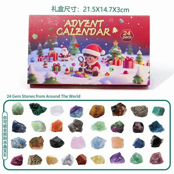 Crystal Advent Calendar 24 Grids, Natural Healing Crystals Countdown Calendar, Geology Educational Gift for Beginners Collectors, Christmas Holiday Decor & Mystery Unboxing Set