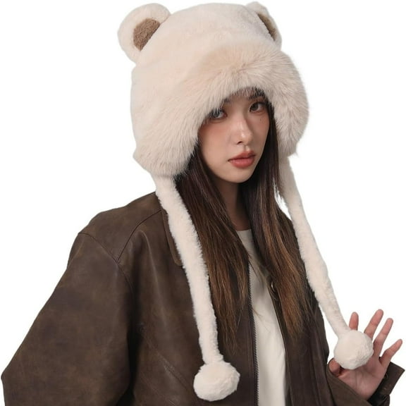 2025 Cute Cartoon Bear Ears Winter Hat for Women Furry Faux Fur Beanie Hat Fashion Warm Outdoor Ear Flaps Ski Hat(Beige)