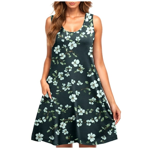 2025 Cute Floral Pattern Sundress for Women Casual Sleeveless Tank Dress with Pocket Resort Beach A-line Dresses