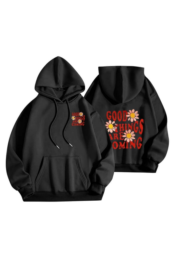 2025 Cute Graphic Hoodies for Women Pullover Long Sleeve Sweatshirts Letter Floral Printed Hooded Fall Winter Tops,Black 1,2XL