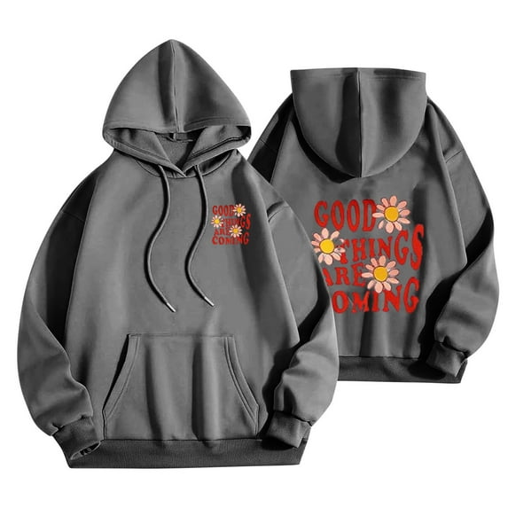 2025 Cute Graphic Hoodies for Women Pullover Long Sleeve Sweatshirts Letter Floral Printed Hooded Fall Winter Tops,Dark Gray 1,2XL