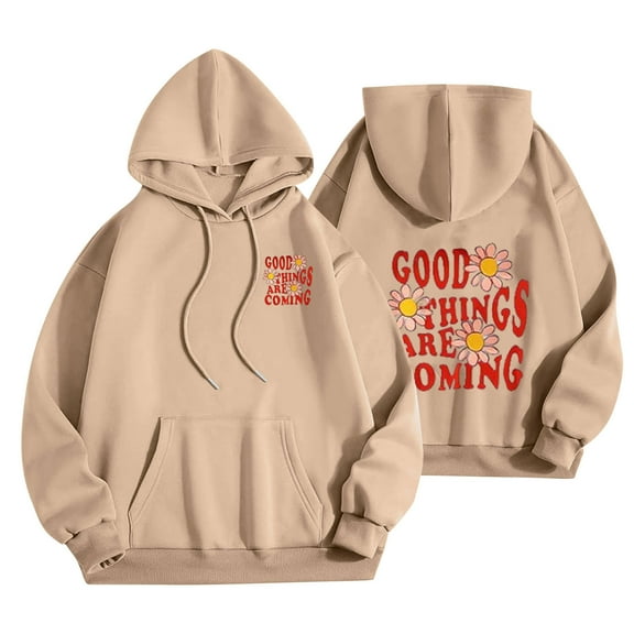 2025 Cute Graphic Hoodies for Women Pullover Long Sleeve Sweatshirts Letter Floral Printed Hooded Fall Winter Tops,Khaki 1,2XL