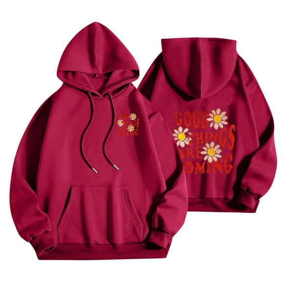 2025 Cute Graphic Hoodies for Women Pullover Long Sleeve Sweatshirts Letter Floral Printed Hooded Fall Winter Tops,Red 1,XL