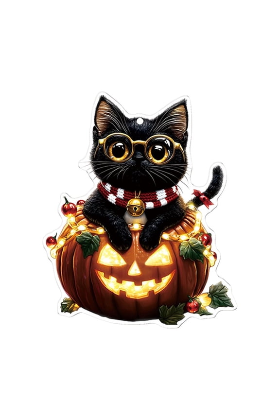 2025 Cute Halloween Acrylic Pumpkin Black Kitten Pendant, Festive Design, Durable, Non-Fading Halloween Accessory, Suitable for Cars, Backpacks, Keychains, and Home Decor