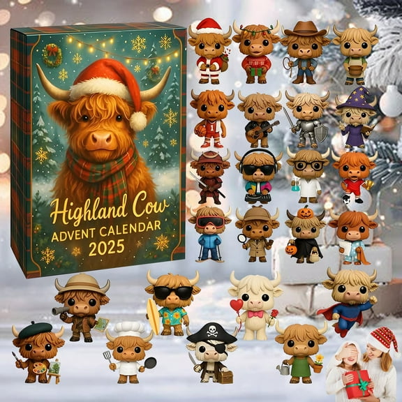 2025 Cute PVC Highland Cow New Year Advent Calendar, Christmas Countdown Surprise Gift Blind Box