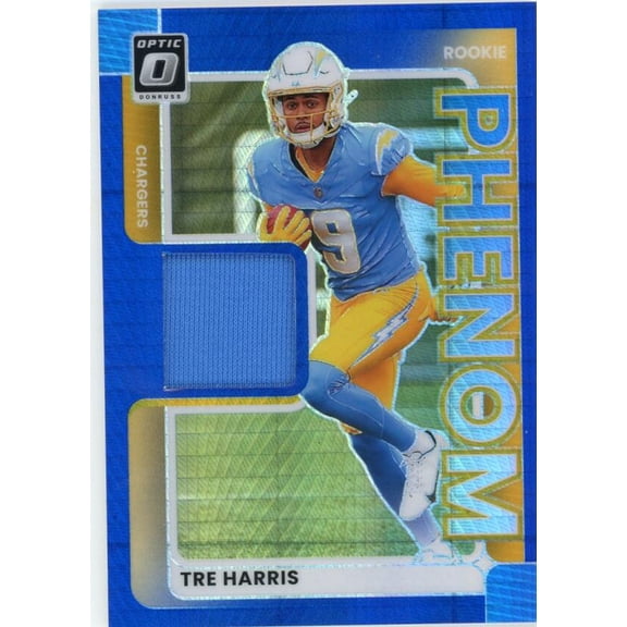 2025 DONRUSS OPTIC ROOKIE PHENOMS BLUE HYPER #23 TRE HARRIS RELIC LOS ANGELES CHARGERS