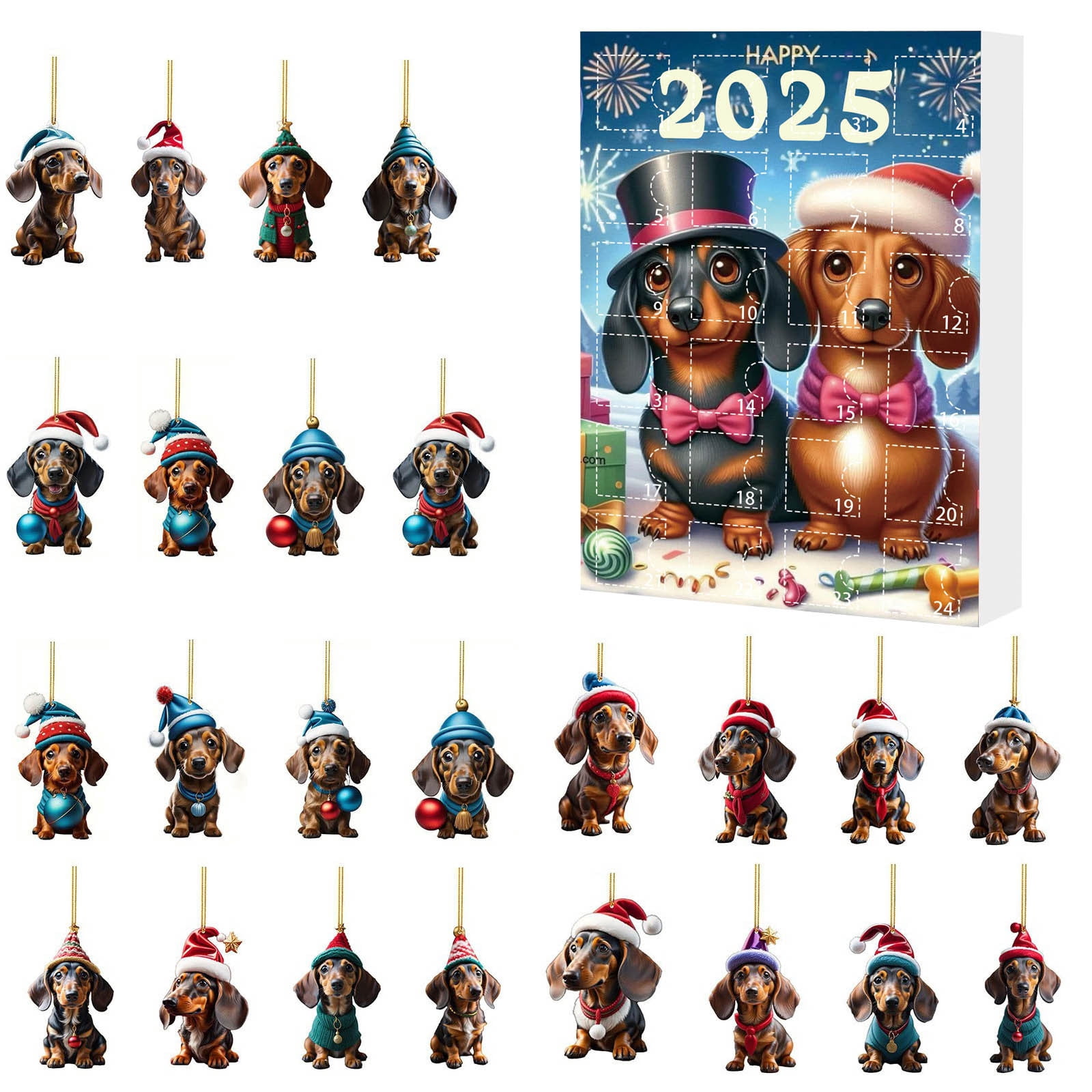 Calendrier De L'Avent Dachshund 2024 - 24 Pendentifs En Acrylique 2D, Décoration Noël, Cadeau