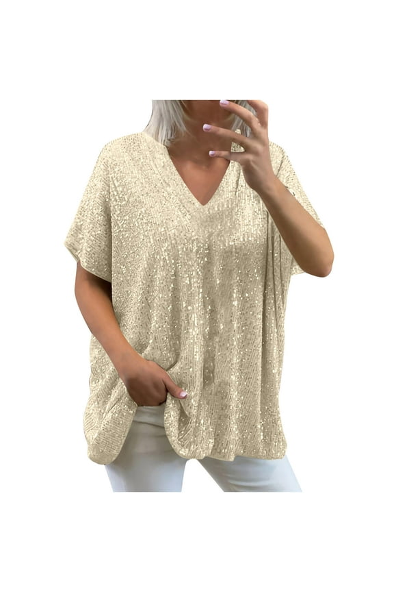 Plus Size Sequin Tops for Women, Shiny Glitter Short Sleeve V Neck Flowy Loose Sparkly Shirts Club Party Dressy Blouses