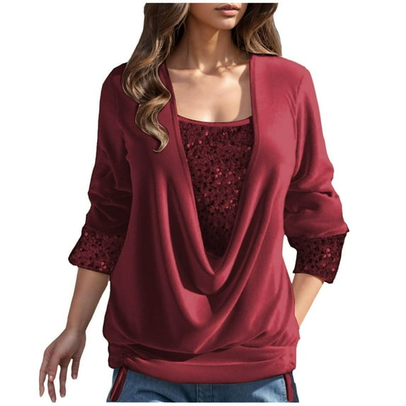 2025 Deals Miqool Women's Long Sleeve Sequin Tops Business Casual Blouses Dressy Work Shirts Glitter Sparkly Tunic Tops for Holiday Evening Party