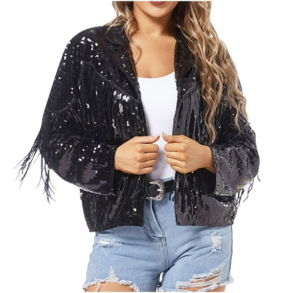 Miqool Women's Sequin Jacket with Tassel Sparkly Fringe Open Front Cardigan Cropped Jacket Metallic Shiny Evening Party Clubwear