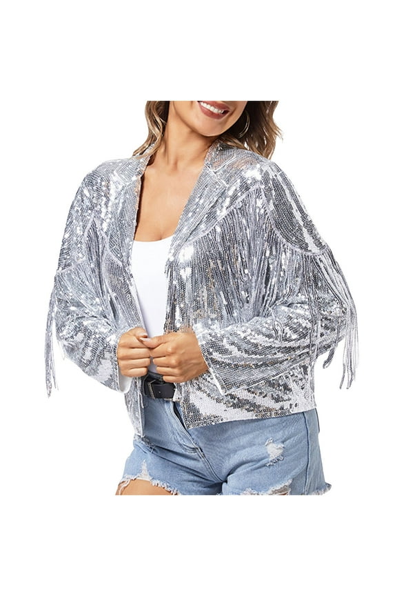 Women's Sequin Jacket with Tassel Sparkly Fringe Open Front Cardigan Cropped Jacket Metallic Shiny Evening Party Clubwear
