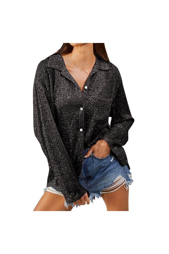 Women's Sparkly Sequin Button Down Shirts Casual Long Sleeve Glitter Tops Blouse Evening Party Clubwear with Pocket