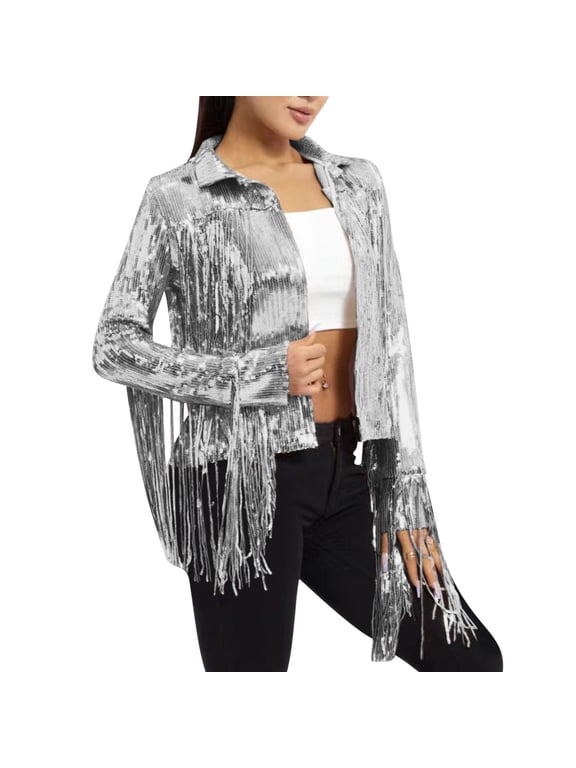 Women's Sparkly Sequin Cropped Jacket Glitter Tassels Long Sleeve Open Front Cardigan Coat Metallic Shiny Concert Party Clubwear