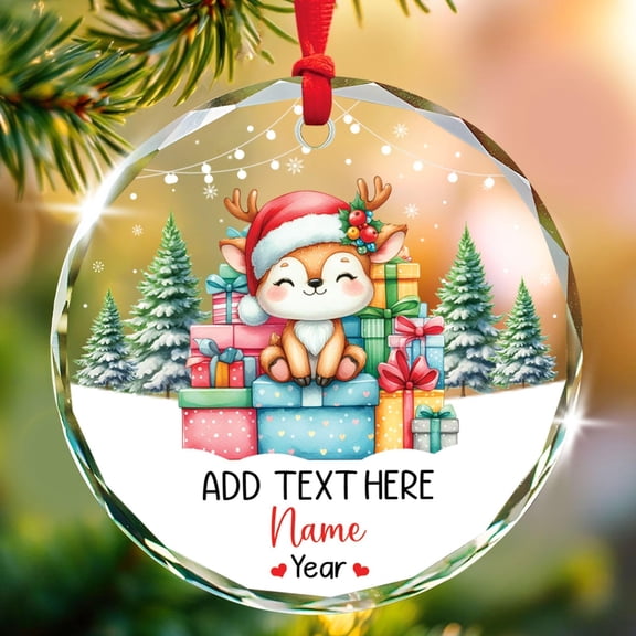 2025 Deer Xmas Tree Decor, Customized Text & Name Deer Glass Christmas Ornament, Custom Animal Keepsake Ornament Gift for Reindeer Lover, Personalized Reindeer Santa Hat Glass Xmas Tree Keepsake 2025