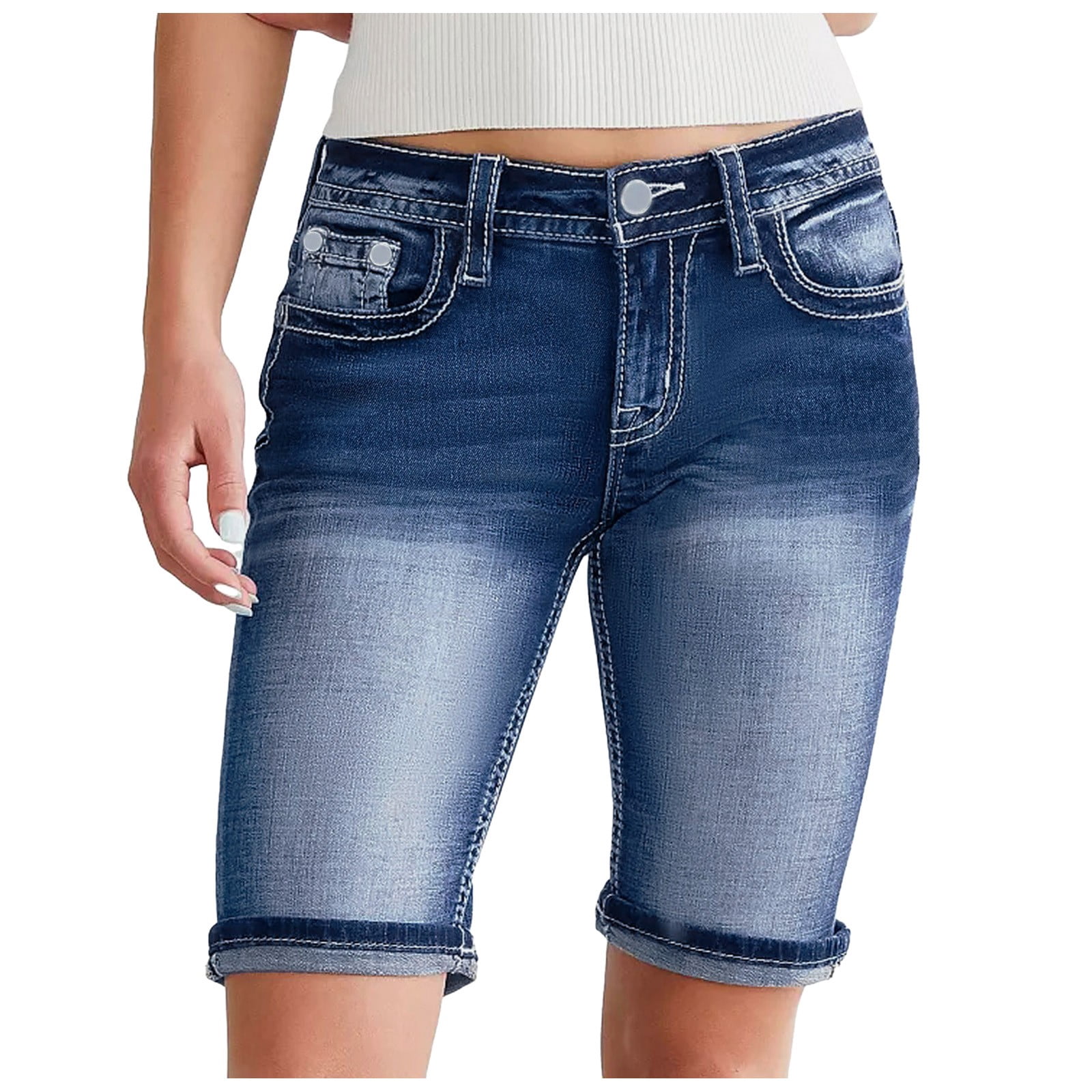 Womens Elastic-Waist Bud-Shape Versatile Slim-Fit Denim Shorts
