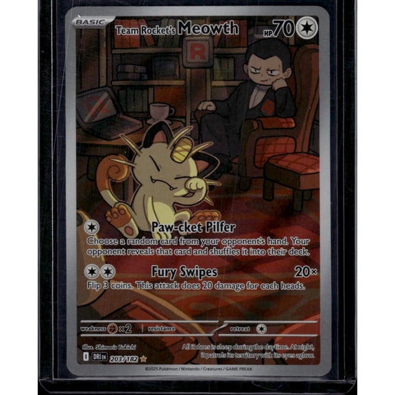 Pokmon Team Rocket's Meowth 2025 Destined Rivals 203/182 Holo Secret Rare Trading Card