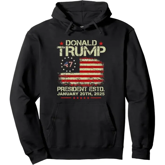2025 Donald Trump Inauguration Day Celebration Hoodie - 47th USA Flag Design, Cotton Blend, Casual Pullover with Drawstring & Kangaroo Pocket for Men,3XL Unisex Hoodie