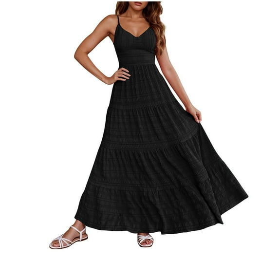 2025 Dress for Women Spaghetti Strap V Neck Boho Maxi Dress Summer Casual Sleeveless Beach Long Dresses