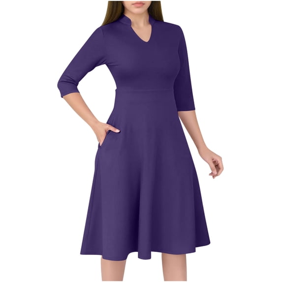 2025 Dresses for Women Formal 3/4 Sleeve Flowy A-line Dresses Solid Color Church Work Dress with Pockets