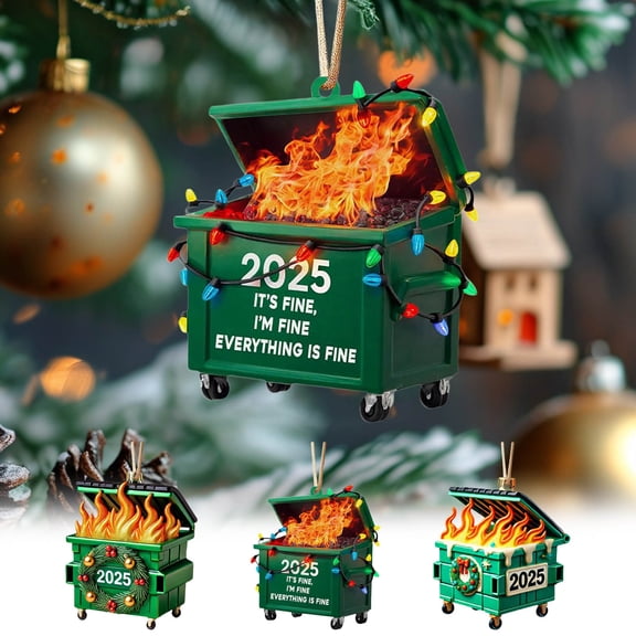 2025 Dumpster Fire Acrylic Christmas Tree Decoration Set - 2D Flat Printed Dumpster Fire Pattern Pendant, 3.15 In Home Christmas Entertainment Party Hanging Decoration(3 Pcs)