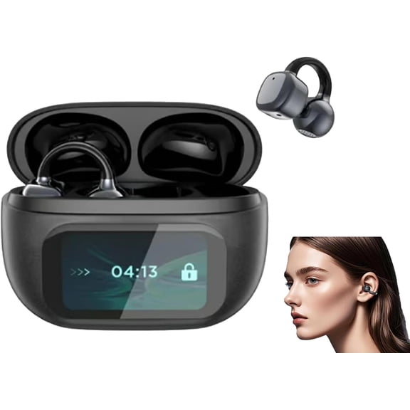 2025 Ear Clip Bluetooth Headphones with Touch Screen, Clip On Ear Headphones, Open Noise Reduction Earbuds Wireless Bluetooth, Lightweight Comfort Waterproof, for Sports, Work, Run (Black)