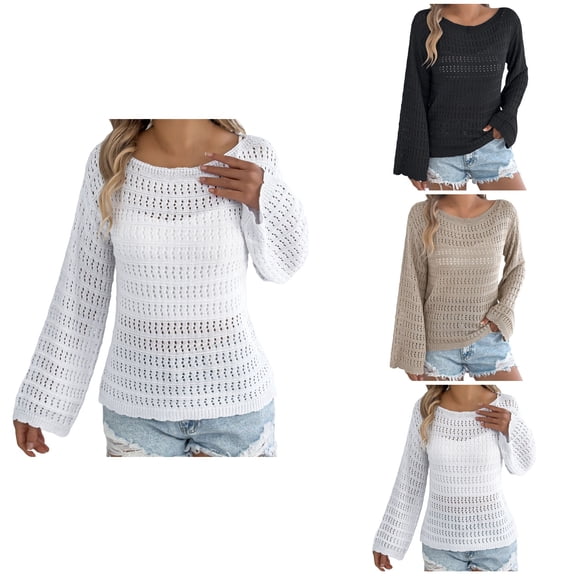 2025 Early Autumn One Collar Hollow Out Long Sleeved Knitted Sweater Casual Loose Women's Clothing