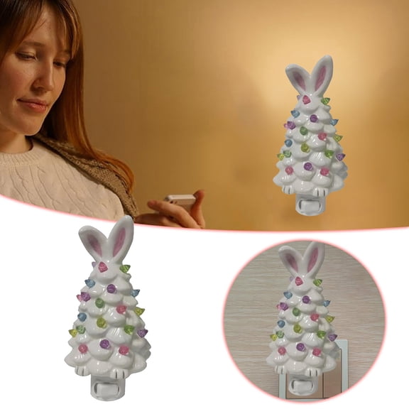 2025 Easter Bunny Night Light, Adorable Ceramic Bunny Tree Figurine with Multicolored LED Lights, Spring Holiday Decor for Home, Easter Gift & Christmas Tree Ornament