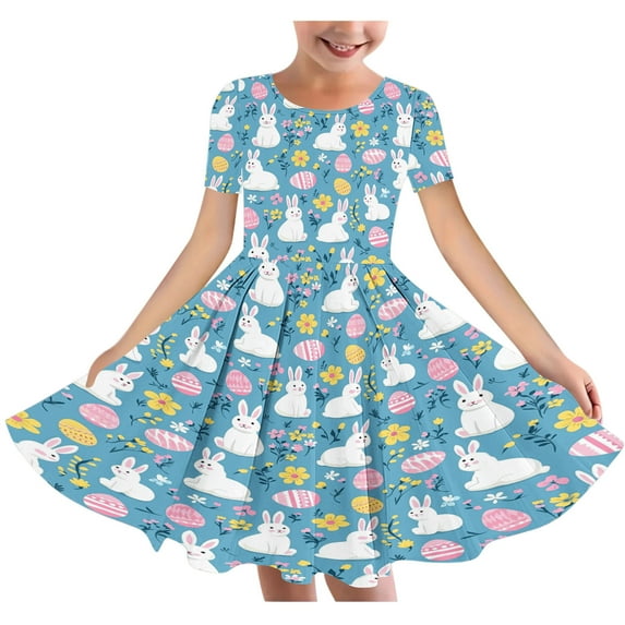 2025 Easter Children Clothing Girls Short Sleeve Round Neck Printed Stretchy Dance Skirt A Line Dress Multicolor 13-14 Years