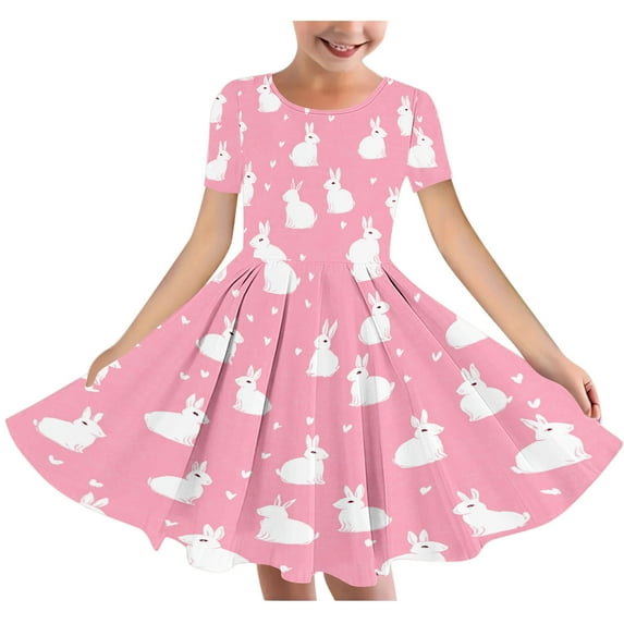 2025 Easter Children Clothing Girls Short Sleeve Round Neck Printed Stretchy Dance Skirt A Line Dress Multicolor 4-5 Years