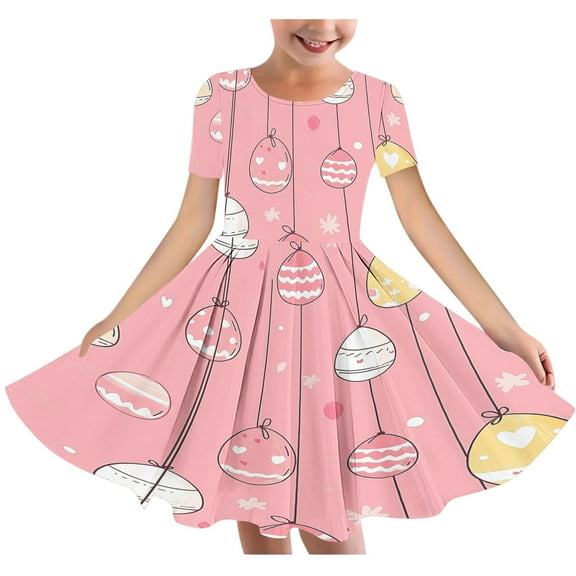 2025 Easter Children Clothing Girls Short Sleeve Round Neck Printed Stretchy Dance Skirt A Line Dress Multicolor 4-5 Years