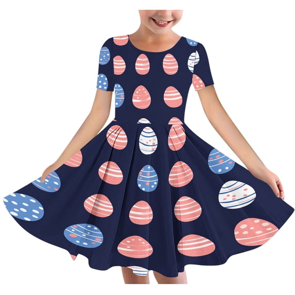 2025 Easter Children Clothing Girls Short Sleeve Round Neck Printed Stretchy Dance Skirt A Line Dress Multicolor 4-5 Years