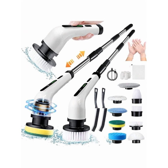2025 Electric Rotary Scrubber, Rechargeable Cleaning Brush, Shower Scrubber With 9 Brush Heads, 2H Power 2-Speed,Adjustable Extended Handle,IPX7 Waterproof For Tubs Tile Floors Cars,White Easter Gift