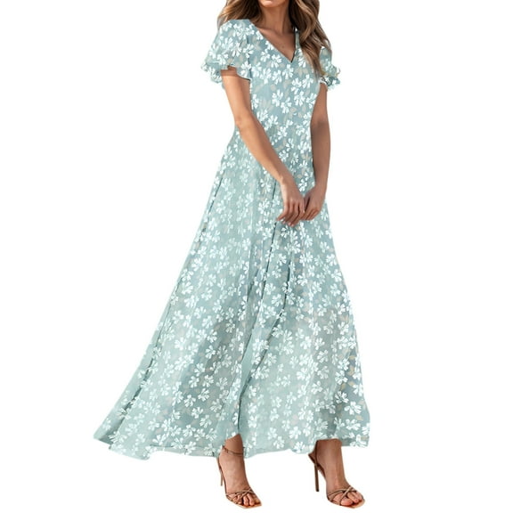 2025 Elegant Summer Dresses Chiffon Floral Print V-Neck Ruffled Hem Beach Wedding Guest Dress Lightweight Travel-Friendly