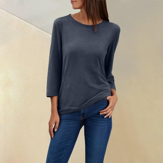 2025 European Summer Round Neck 7/8 Sleeve Casual T-Shirt - Loose Fit Basic Top, Xl, Gray