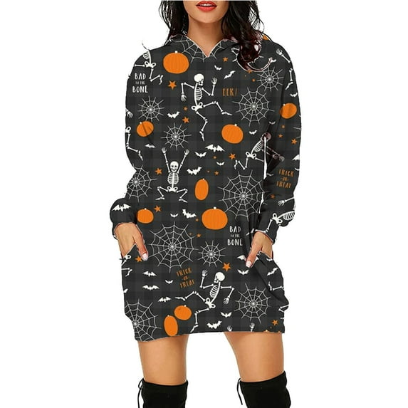 2025 European and American Halloween Printed Mid-Length Pocket Hooded Long-Sleeved Sweatshirt for Women