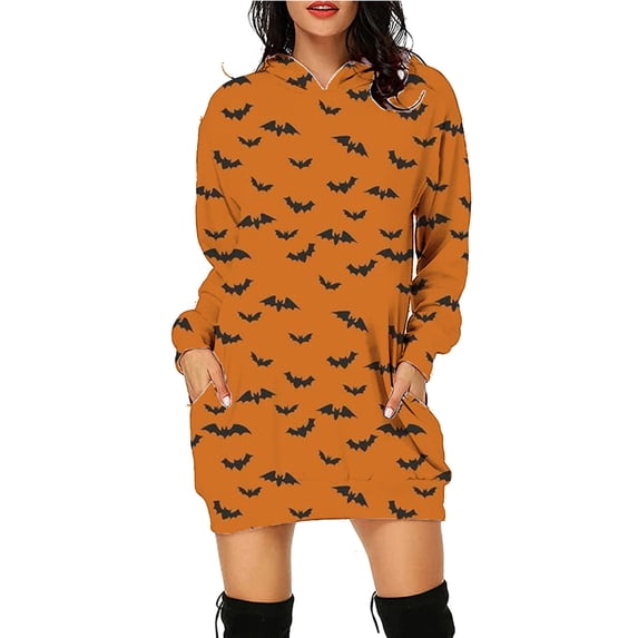 2025 European and American Halloween Printed Mid-Length Pocket Hooded Long-Sleeved Sweatshirt for Women