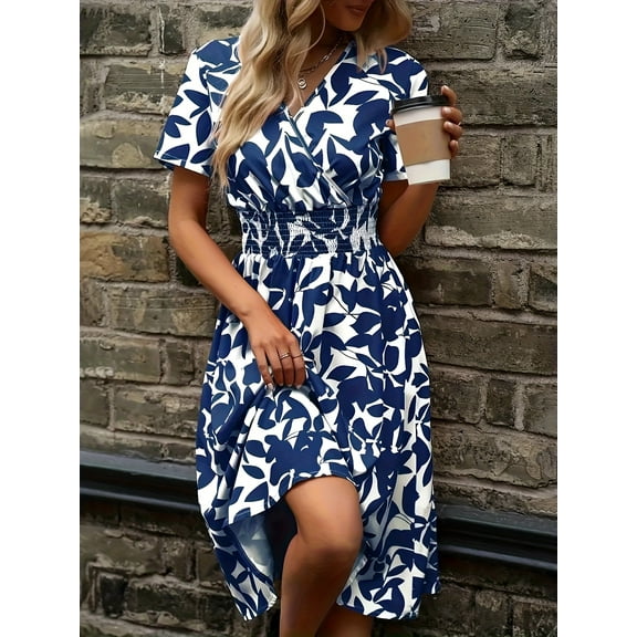 2025 European and American New Spring and Summer Short-Sleeved V Neck Leaf Floral Large Hem Skirt Waist Dress