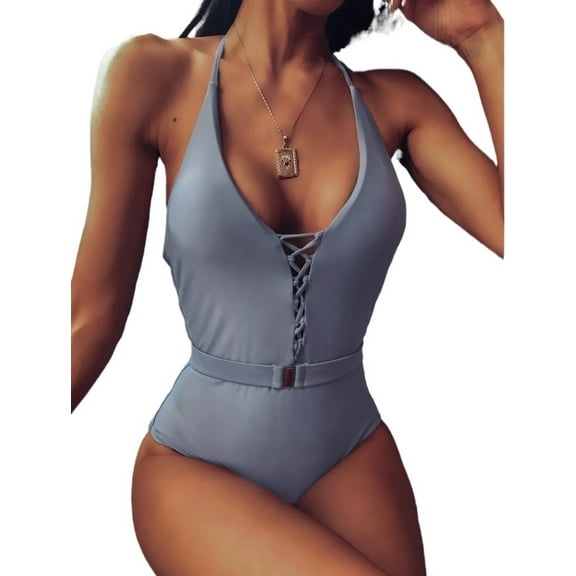 HE. 2025 European and American trend hot selling women's one-piece swimsuit sexy bandage belt buckle one-piece bikini beach bikini